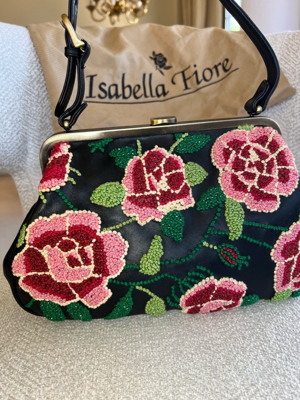 Isabella Fiore Black Leather Beaded Rose Frame Bag with Pink & Green, Vintage!